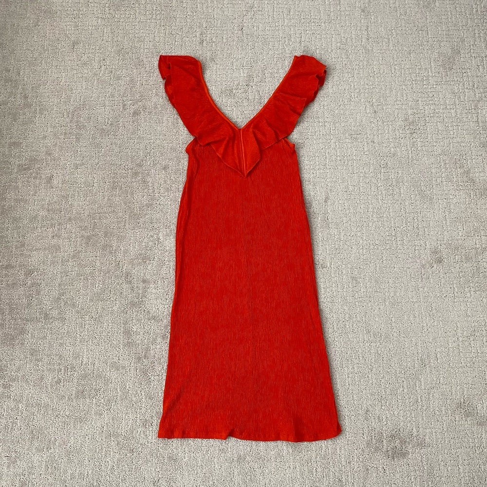 ZARA Ruffle Super Stretch Red Midi Dress